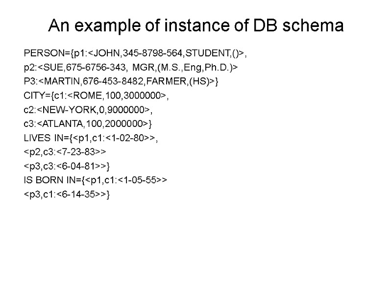 An example of instance of DB schema PERSON={p1:<JOHN,345-8798-564,STUDENT,()>, p2:<SUE,675-6756-343, MGR,(M.S.,Eng,Ph.D.)> P3:<MARTIN,676-453-8482,FARMER,(HS)>} CITY={c1:<ROME,100,3000000>, c2:<NEW-YORK,0,9000000>, c3:<ATLANTA,100,2000000>}